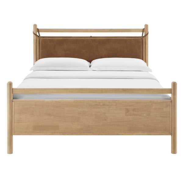 Modway Furniture Leni Queen Platform Bed Solid Wood Frame with Faux Leather Pillow Headboard Light Oak Canyon MOD-7314-LOA-CYN