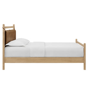 Modway Furniture Leni Queen Platform Bed Solid Wood Frame with Faux Leather Pillow Headboard Light Oak Canyon MOD-7314-LOA-CYN