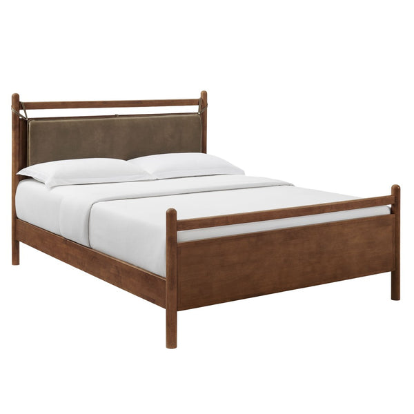 Modway Furniture Leni Queen Platform Bed Solid Wood Frame with Faux Leather Pillow Headboard Walnut Mushroom MOD-7314-WAL-MUS