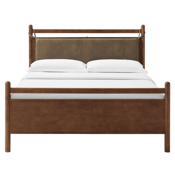 Modway Furniture Leni Queen Platform Bed Solid Wood Frame with Faux Leather Pillow Headboard Walnut Mushroom MOD-7314-WAL-MUS