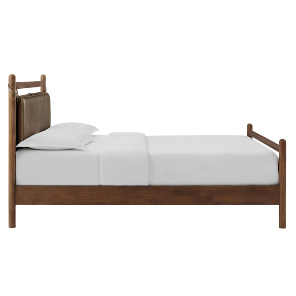 Modway Furniture Leni Queen Platform Bed Solid Wood Frame with Faux Leather Pillow Headboard Walnut Mushroom MOD-7314-WAL-MUS