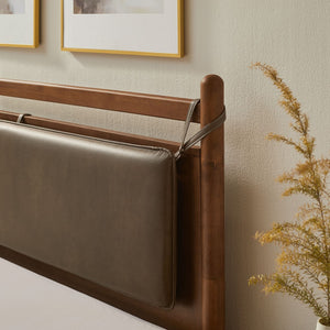 Modway Furniture Leni Queen Platform Bed Solid Wood Frame with Faux Leather Pillow Headboard Walnut Mushroom MOD-7314-WAL-MUS