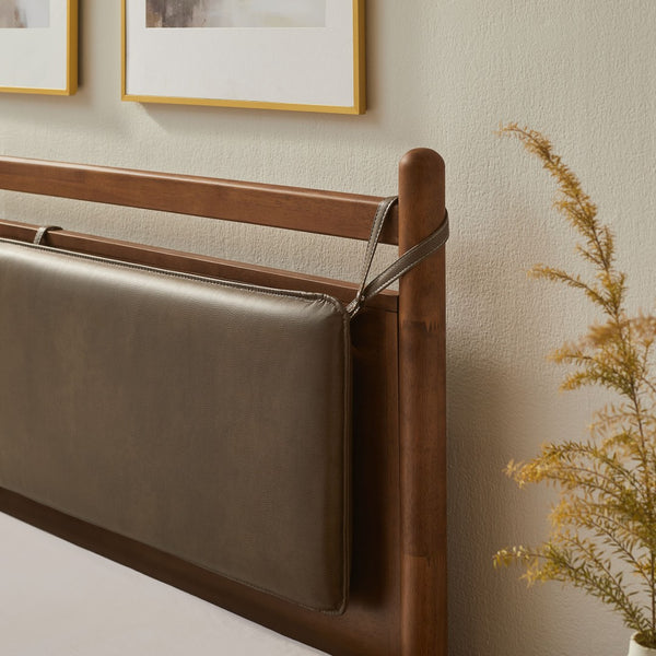 Modway Furniture Leni Queen Platform Bed Solid Wood Frame with Faux Leather Pillow Headboard Walnut Mushroom MOD-7314-WAL-MUS