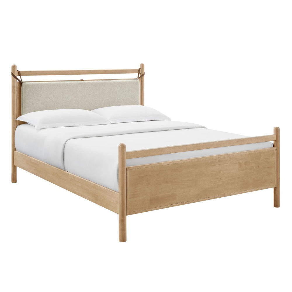 Modway Furniture Leni Rubberwood King Platform Bed Suspended Fabric Headboard Low Profile Frame Light Oak Heathered Ivory MOD-7315-LOA-HEI
