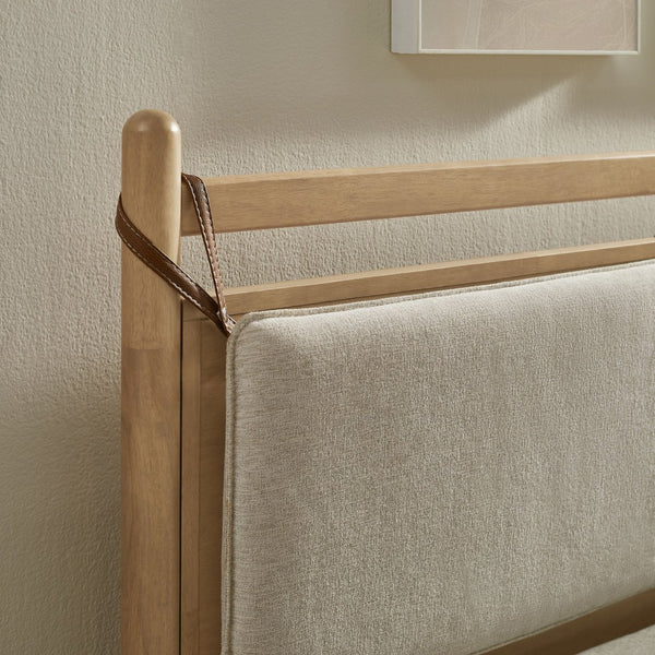 Modway Furniture Leni Rubberwood King Platform Bed Suspended Fabric Headboard Low Profile Frame Light Oak Heathered Ivory MOD-7315-LOA-HEI