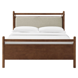 Modway Furniture Leni Rubberwood King Platform Bed Suspended Fabric Headboard Low Profile Frame Walnut Heathered Ivory MOD-7315-WAL-HEI