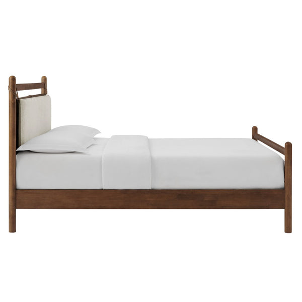 Modway Furniture Leni Rubberwood King Platform Bed Suspended Fabric Headboard Low Profile Frame Walnut Heathered Ivory MOD-7315-WAL-HEI
