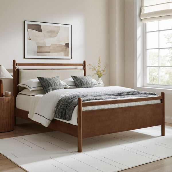 Modway Furniture Leni Rubberwood King Platform Bed Suspended Fabric Headboard Low Profile Frame Walnut Heathered Ivory MOD-7315-WAL-HEI