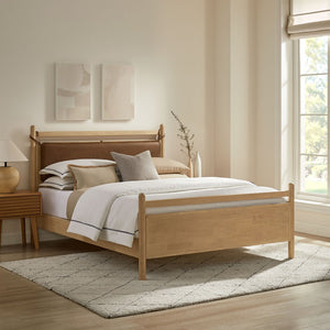 Modway Furniture Leni Rubberwood Platform King Bed Faux Leather Pillow Headboard Contemporary Frame Light Oak Canyon MOD-7316-LOA-CYN
