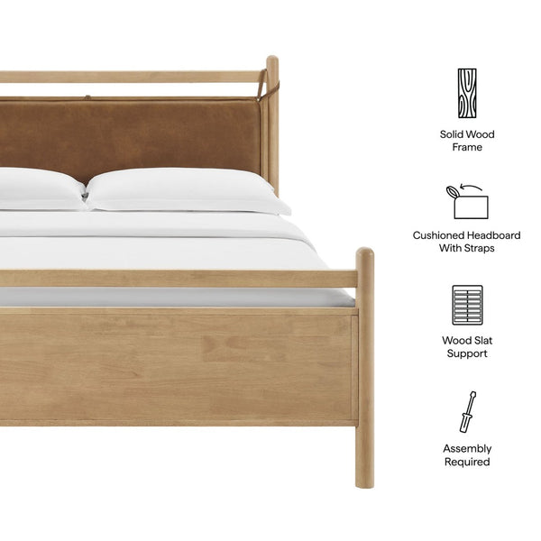 Modway Furniture Leni Rubberwood Platform King Bed Faux Leather Pillow Headboard Contemporary Frame Light Oak Canyon MOD-7316-LOA-CYN