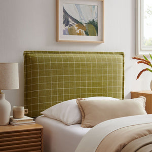Modway Furniture Camille Modway Plaid Slipcover Headboard Foam Padded Linen Blend Twin Upholstered Artichoke Windowpane Check MOD-7319-ART