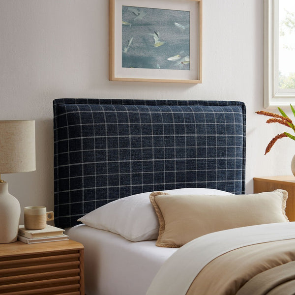 Modway Furniture Camille Modway Plaid Slipcover Headboard Foam Padded Linen Blend Twin Upholstered Denim Windowpane Check MOD-7319-DMC