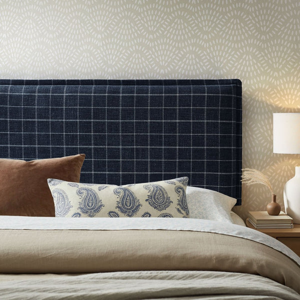 Modway Furniture Camille Modway Queen Headboard Woven Linen Blend Plaid Slipcover with French Seam Detail Denim Windowpane Check MOD-7325-DMC