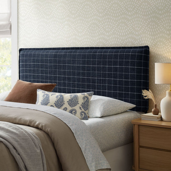 Modway Furniture Camille Modway Plaid Linen Blend King Headboard Tailored Slipcover Foam Padded Denim Windowpane Check MOD-7328-DMC