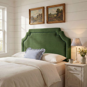 Modway Furniture Magnolia Scalloped Velvet Upholstered Headboard Tailored Piping Full Bedroom Accent Moss Green Dark Green MOD-7330-MOG-GRN