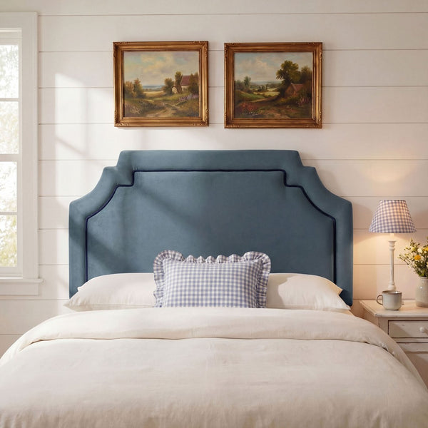 Modway Furniture Magnolia Queen Headboard Scalloped Velvet Cushioned Contrast Piping Transitional Bedroom Cadet Blue Midnight MOD-7331-CAB-MID