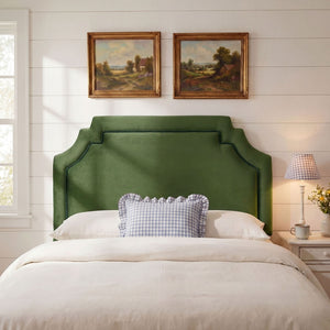 Modway Furniture Magnolia Queen Headboard Scalloped Velvet Cushioned Contrast Piping Transitional Bedroom Moss Green Dark Green MOD-7331-MOG-GRN