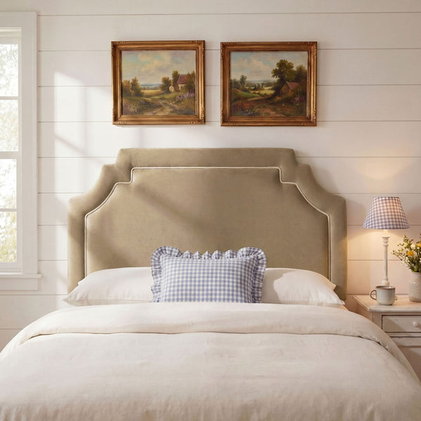 Modway Furniture Magnolia Queen Headboard Scalloped Velvet Cushioned Contrast Piping Transitional Bedroom Taupe Almond MOD-7331-TAU-ALM