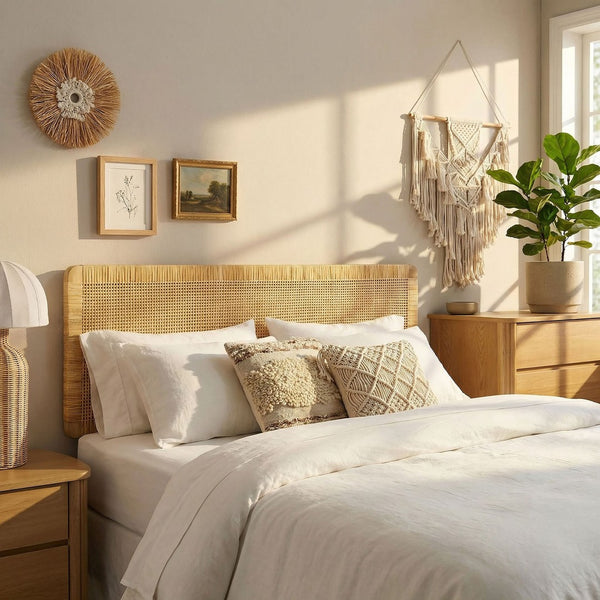 Modway Furniture Sandy Rattan and Mango Wood Wall Mounted Queen Headboard for Coastal Bedrooms MOD-7339-NAT