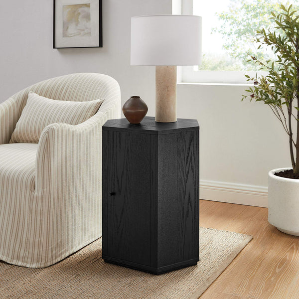Modway Furniture Kade Faceted Hexagonal Oak Side Table with Interior Shelf for Modern Living Spaces Black MOD-7341-BLK