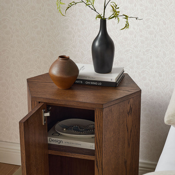 Modway Furniture Kade Faceted Hexagonal Oak Side Table with Interior Shelf for Modern Living Spaces Walnut MOD-7341-WAL