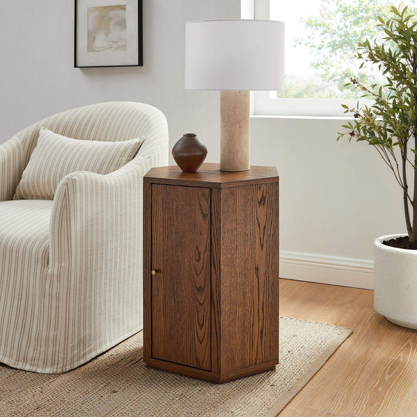 Modway Furniture Kade Faceted Hexagonal Oak Side Table with Interior Shelf for Modern Living Spaces Walnut MOD-7341-WAL