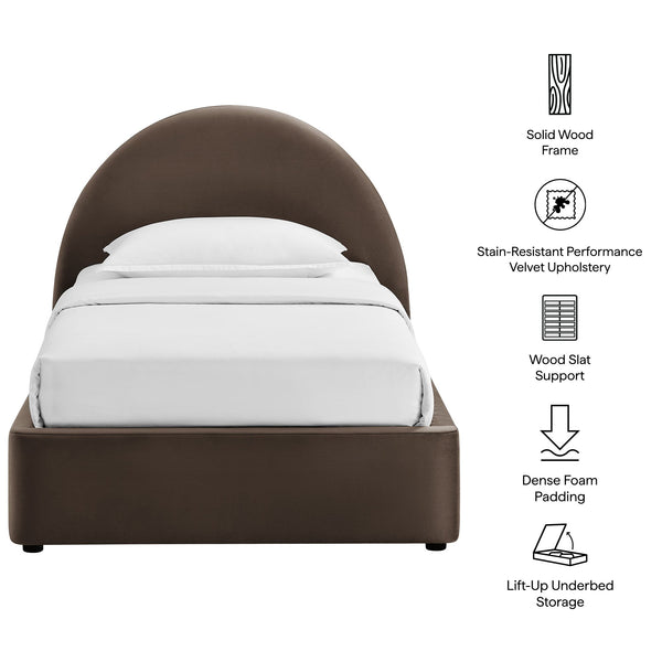 Modway Furniture Resort Twin Velvet Upholstered Storage Platform Bed with Arched Sculptural Headboard Chocolate Brown MOD-7343-CHB