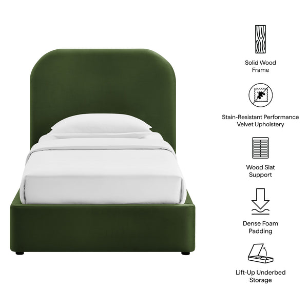 Modway Furniture Keynote Modway Performance Velvet Twin Storage Bed with Curved Upholstered Frame Green MOD-7351-MOG