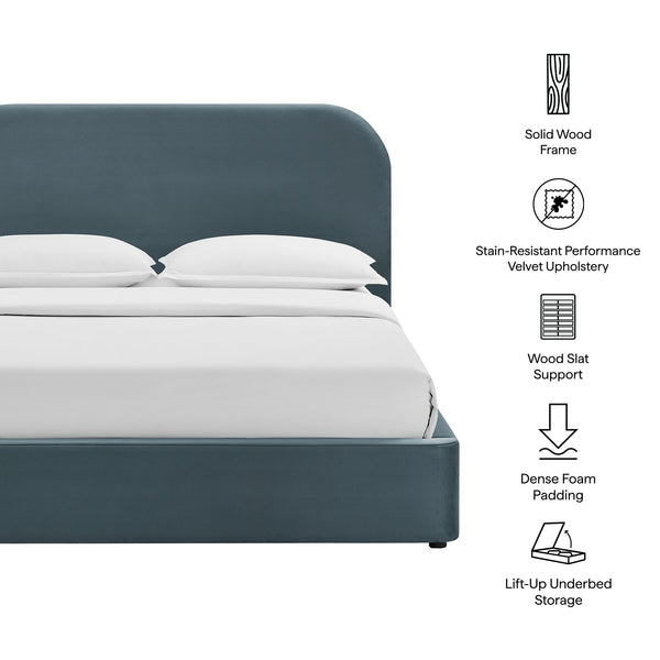 Modway Furniture Keynote Queen Velvet Storage Bed with Curved Headboard and Gas Lift Platform Blue MOD-7355-CAB