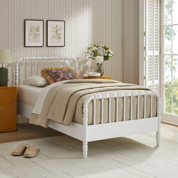 Modway Furniture Arlette Solid Rubberwood Spindle Twin Bed Turned Posts Cottage Farmhouse Bedroom Frame White MOD-7359-WHI