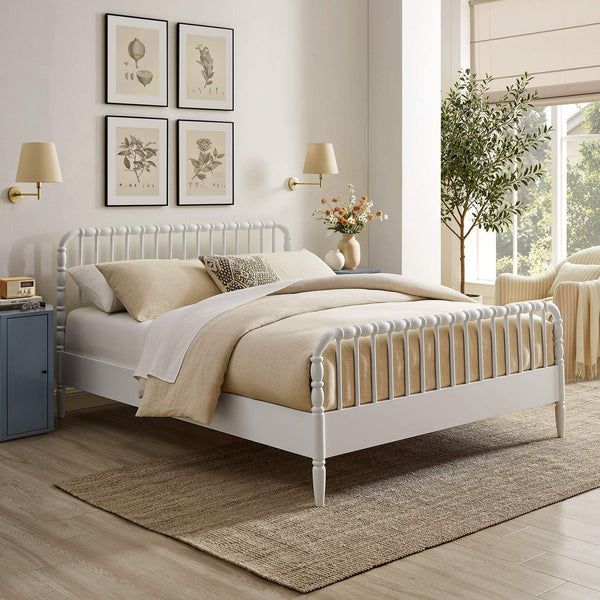 Modway Furniture Arlette Solid Rubberwood Spindle Queen Bed Farmhouse Cottage Bedroom Frame White MOD-7361-WHI