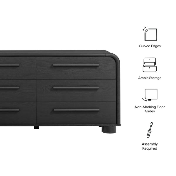 Modway Furniture Bellamy Six Drawer Curved Dresser Mid Century Modern Sculptural Bedroom Storage Piece Black MOD-7379-BLK