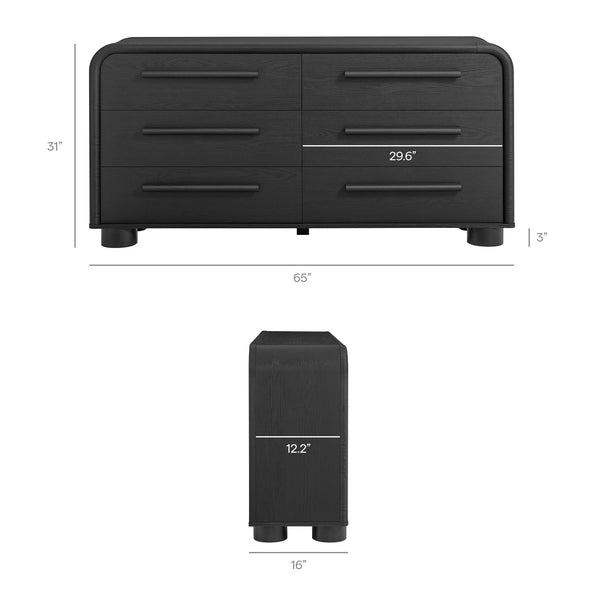 Modway Furniture Bellamy Six Drawer Curved Dresser Mid Century Modern Sculptural Bedroom Storage Piece Black MOD-7379-BLK