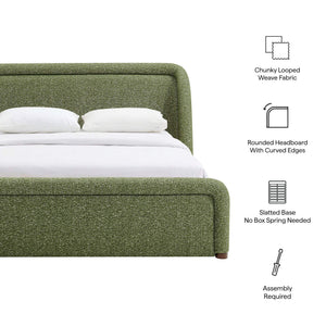 Modway Furniture Tasmin Queen Platform Bed Looped Weave Upholstered Frame with Rounded Headboard Green MOD-7380-OLI