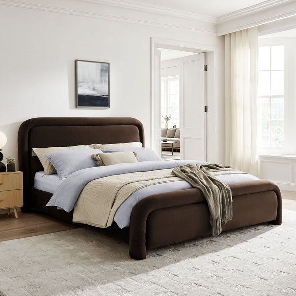 Modway Furniture Beck Queen Velvet Platform Bed Rounded Headboard Low Profile Floating Frame Brown - CHB MOD-7382-CHB