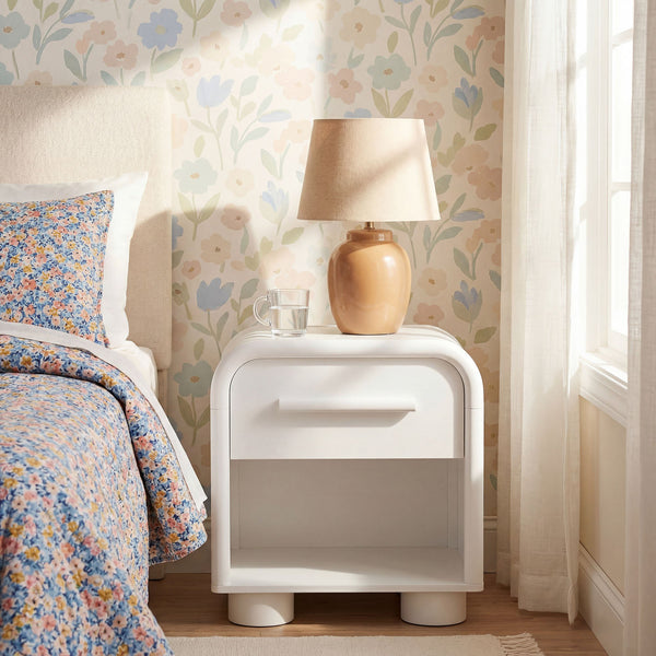 Modway Furniture Bellamy Curved Nightstand with Open Shelf Mid-Century Modern Sculptural Bedroom Piece White MOD-7384-WHI