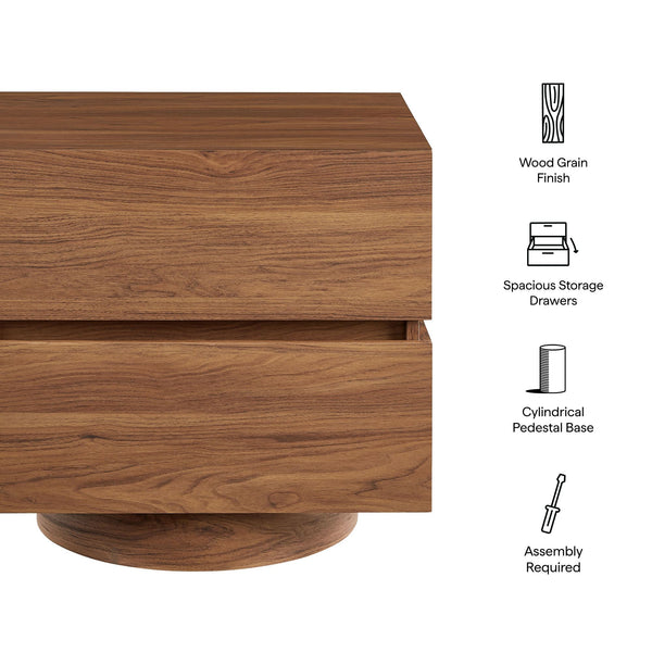 Modway Furniture Koval Sculptural Pedestal Nightstand with Two Drawers and Wood Grain Modern Finish Walnut MOD-7804-WAL