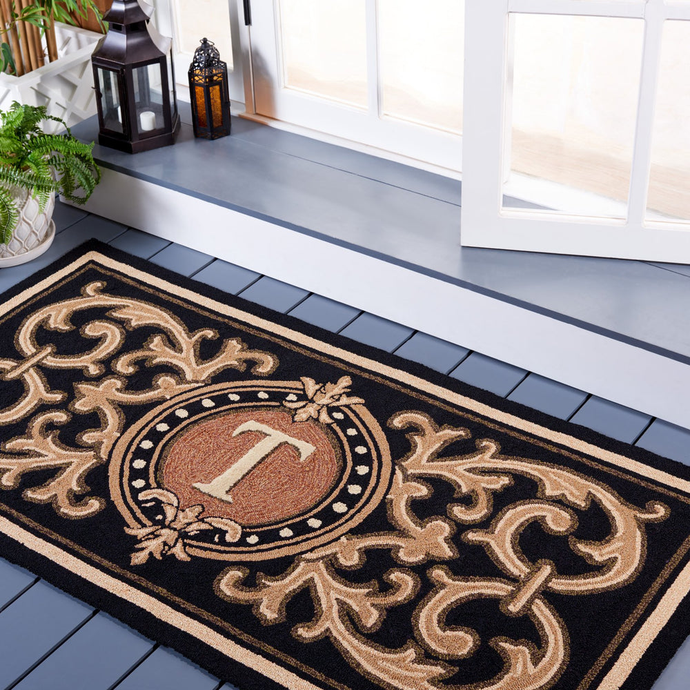 Safavieh Monogram Hand Tufted 3' X 6' Black Runner Rug With Elegant Medallion Design For Indoor/Outdoor Use Black Synthetic Mon226n-36