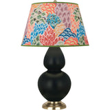 Robert Abbey Matte Obsidian Double Gourd Table Lamp Matte Obsidian Glazed Ceramic with Antique Natural Brass Finished Accents Spring Floral Fabric Shade