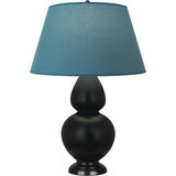 Robert Abbey Matte Obsidian Double Gourd Table Lamp Matte Obsidian Glazed Ceramic with Deep Patina Bronze Finished Accents Bright Blue W/ Gray Lining Fabric Shade