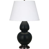 Robert Abbey Matte Obsidian Double Gourd Table Lamp Matte Obsidian Glazed Ceramic with Deep Patina Bronze Finished Accents Pearl Dupioni Fabric Shade