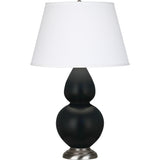 Robert Abbey Matte Obsidian Double Gourd Table Lamp Matte Obsidian Glazed Ceramic with Antique Silver Finished Accents Pearl Dupioni Fabric Shade