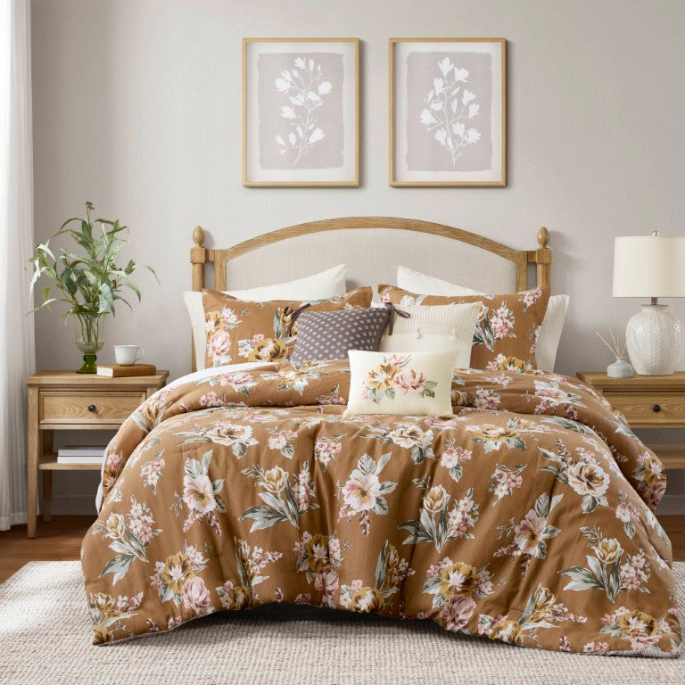 JLA Home Salara Reversible Floral Stripe Comforter Set with Cotton Slub Fabric Farmhouse Bedroom Terracotta 104 W x 92 L - A MP10-8896