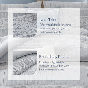 JLA Home Perryn 7 Piece Lace Jacquard Comforter Set with Chambray Fabric Shabby Chic Bedroom Blue 90 W x 90 L MP10-8931
