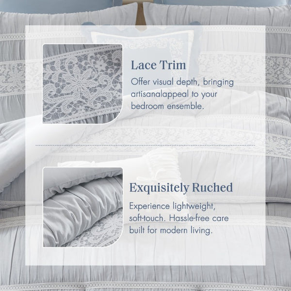 JLA Home Perryn 7 Piece Lace Jacquard Comforter Set with Chambray Fabric Shabby Chic Bedroom Blue 104 W x 92 L MP10-8932