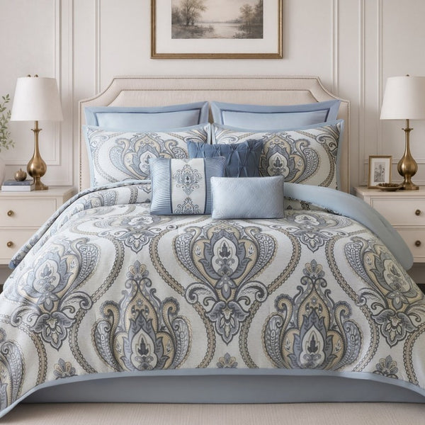 JLA Home Aveline Jacquard Chenille Damask Comforter Set 9 Piece Traditional Bedroom Bedding 104 W x 92 L MP10-9030