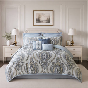 JLA Home Aveline Jacquard Chenille Damask Comforter Set 9 Piece Traditional Bedroom Bedding 104 W x 92 L MP10-9030