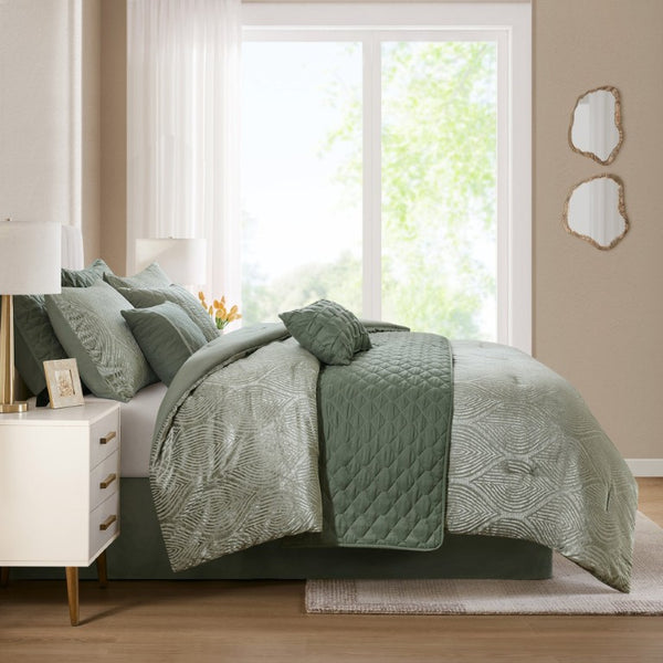 JLA Home Nocturne Velvet Jacquard 10 Piece Comforter Set with Quilts Shams and Bed Skirt MP10-9072