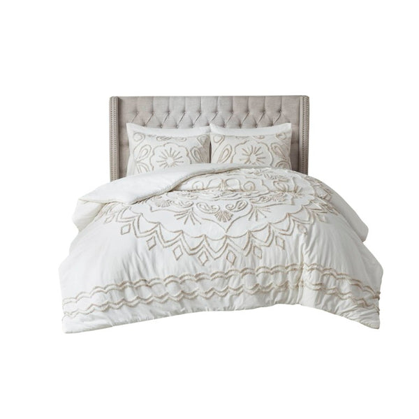 JLA Home Violette Medallion Tufted Chenille Duvet Cover Set Ivory Taupe Bohemian Bedroom MP12-7143