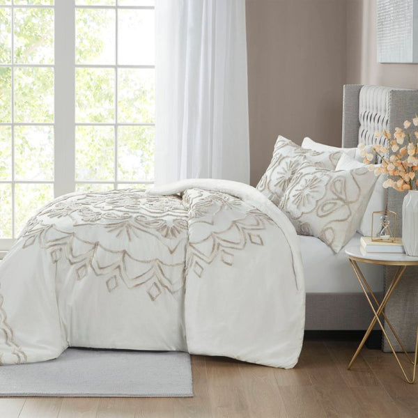 JLA Home Violette Medallion Tufted Chenille Duvet Cover Set Ivory Taupe Bohemian Bedroom MP12-7143